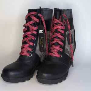 Sorel Lexi  Black and Pink Lace Up Waterproof Wedge Boots